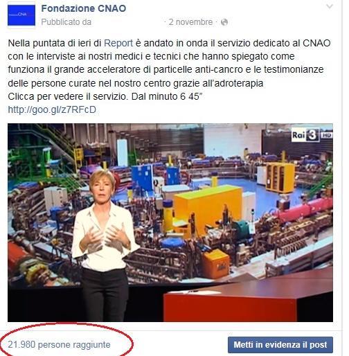 stesso periodo si sono registrate 53.000 visualizzazioni su Twitter. 139 i followers di CNAO su Twitter tra cui MinSalute, Università di Pavia, Associazione Italiana di Oncologia Medica e RAI.