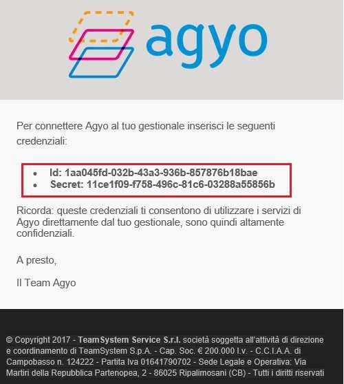 - una mail con i codici di attivazione piattaforma Agyo Inserire le credenziali tecniche in e/fiscali (si veda paragrafo 2.3.