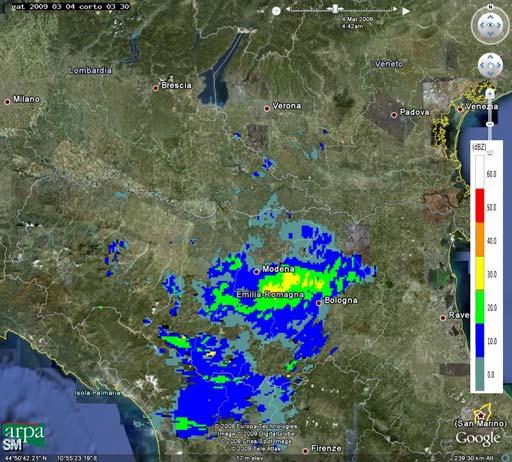 2 Analisi dei campi di riflettività sull Emilia Romagna Il giorno 3 marzo, si manifestano deboli precipitazioni di tipo orografico sull Appennino con direttrice