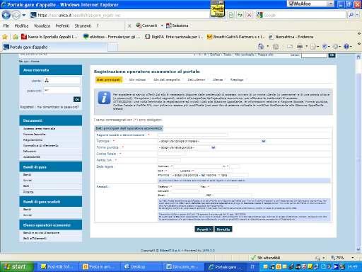 FASE 1 DATI PRINCIPALI Compilare i dati riportati nella schermata REGISTRAZIONE OPERATORE ECONOMICO AL PORTALE avendo cura di inserire i dati obbligatori contrassegnati da *.