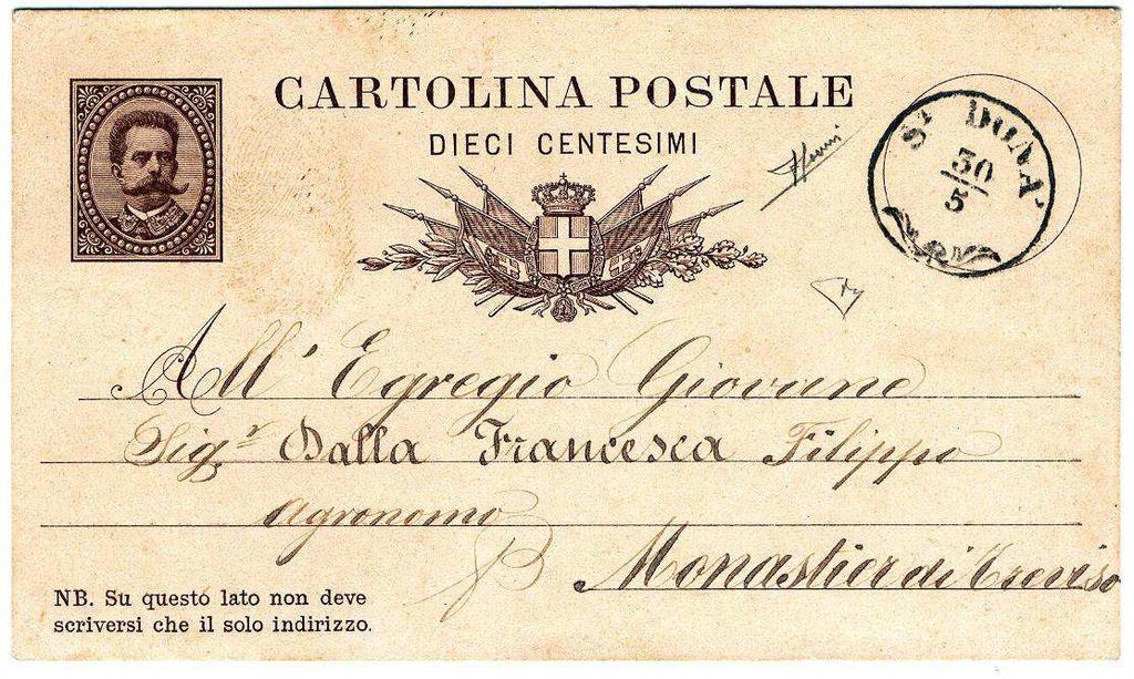 CARTOLINA POSTALE da 10 c. con effige del Re UMBERTO I Validità 1.4.1879 31.12.1903 Il 1 aprile 1879 viene emessa una nuova cartolina postale, sempre di 10 cent., con l effige del nuovo Re Umberto I.