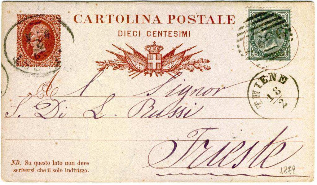 LONIGO 9/3 1876 Cartolina postale N 1 diretta a Budapest (Ungheria), poi ritornata a Lonigo, con affrancatura completata con un francobollo da 5 cent.