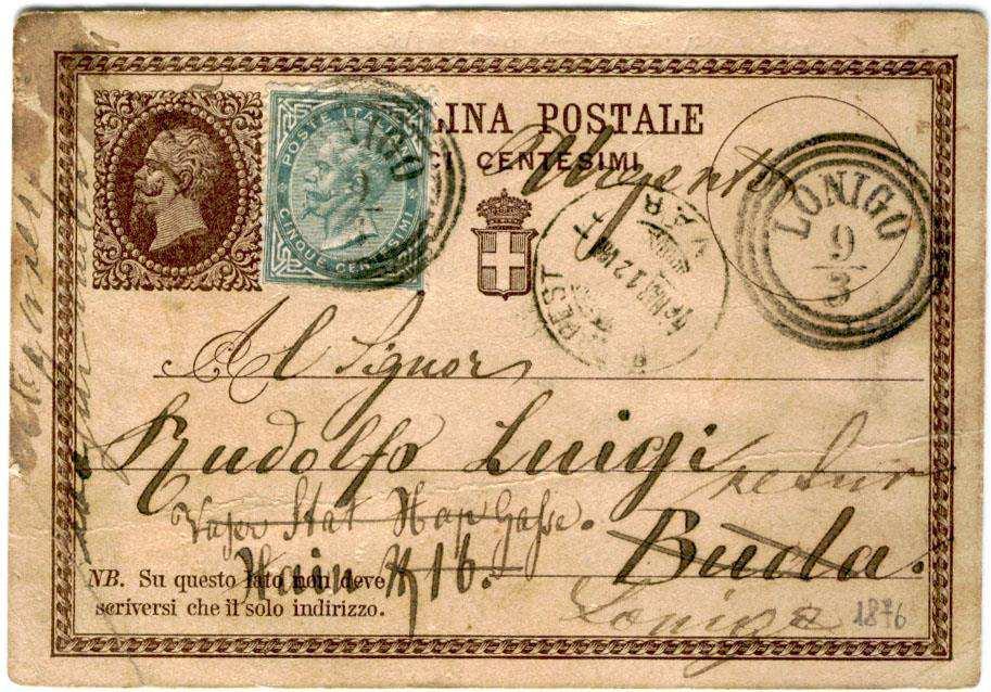 THIENE 27/3 1877 Cartolina postale N 1 diretta a Berlino (Germania) con affrancatura completata con un 5 cent.