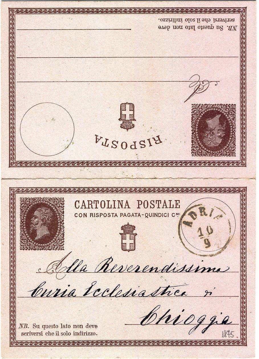 DOMANDA della CARTOLINA POSTALE da 15 c. con risposta Validità 1.1.1874 31.12.