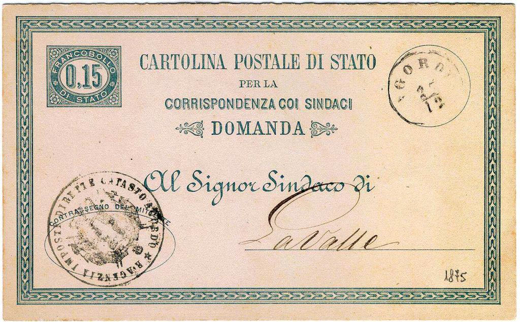 CARTOLINA POSTALE DI STATO da 15 c. con risposta Validità 15.7.1875 31.12.
