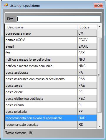 4.1.7 Tipo spedizione Funzione di ricerca Selezionando il pulsante lente oppure posizionando il puntatore del mouse nel campo tipo spedizione e premendo, in seguito, il tasto F9, F9 si apre la