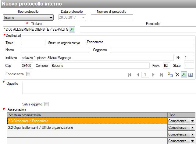 4.3.1 Assegnazione La struttura organizzativa destinataria del documento deve essere selezionata dall anagrafica (tasto F9 o