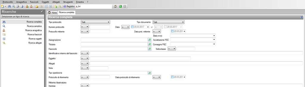 La ricerca completa permette di effettuare ricerche relative a tutti i campi delle schede di protocollo. Consente, inoltre, di effettuare ricerche con le modalità =, LIKE e starts.