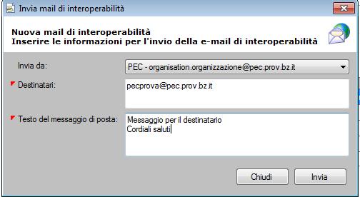 Si apre, dunque, la maschera invia mail di interoperabilità (2) che l utente compila con i seguenti dati: invia da (indirizzo PEC