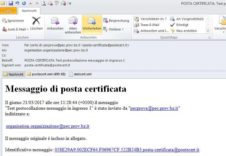 Elenco allegati: Per inoltrare il messaggio di posta all interno della propria struttura organizzativa, l utente apre il messaggio di posta nel suo formato originale (file EML) e seleziona il