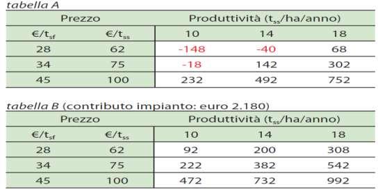 Guadagni medi annui per ettaro per tre diversi livelli di produttività e prezzo di vendita del cippato: senza contributo all impianto (tabella A) e con contributo (tabella B).