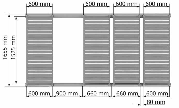 Modulo ripiani = 600 x 1525 mm. Portata 1000 kg per i moduli fissi.