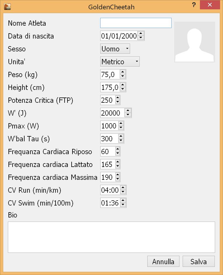 2. Dati Atleta Una volta lanciata l applicazione per la prima volta, GC vi richiede la creazione del Vostro profilo.