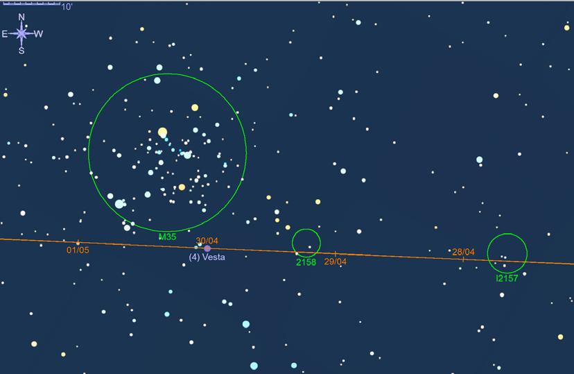 PAGINA 4 (4) Vesta sarà in congiunzione stretta con M35 tra 30 aprile e 1 maggio. (6) Hebe il 23 maggio sarà in opposizione al Sole, nel Serpente.