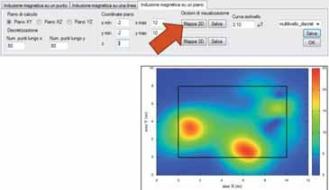 Ad esempio, è possibile scegliere una mappa 2D. Ci si accorge che, a quota 3 metri, si ha un picco di 25 μt in corrispondenza dei trasformatori in resina.