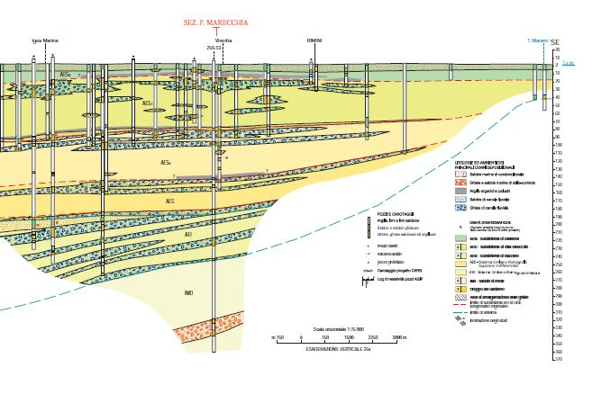 Figura 2: sezione geologica lungo la costa; da Carta Geologica d Italia alla scala 1:50.000, foglio 256 Rimini (APAT, 2005).