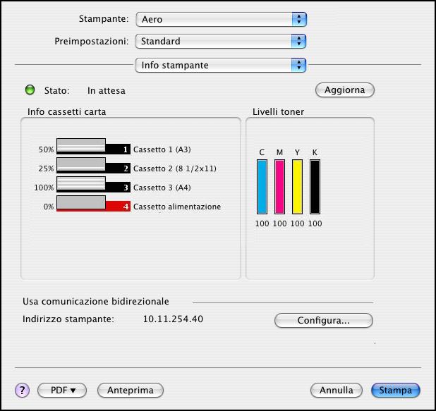 STAMPA DA MAC OS X 25 6 Per aggiornare lo stato della fotocopiatrice nella finestra Info stampante, fare clic su Aggiorna.