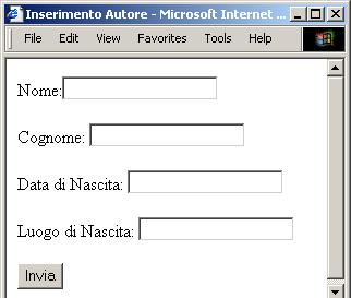 Model 1: caso di studio libreria Dati inviati tramite un form. insautore.html <html> <head> <title>inserimento Autore</title> </head> <body> <form method="post" action= insautore.