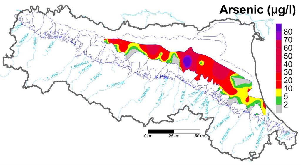 Esempio di cartografia dei valori di fondo naturale dell arsenico in corpo idrico sotterraneo La distribuzione areale dei valori di fondo naturale mostra significative variazioni locali che