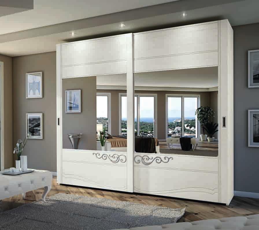 247 articolo 4618/280 armadio 2 ante scorrevoli con specchio e decoro finitura bianco patinato argento poro aperto particolari foglia argento wardrobe 2 sliding doors with mirror