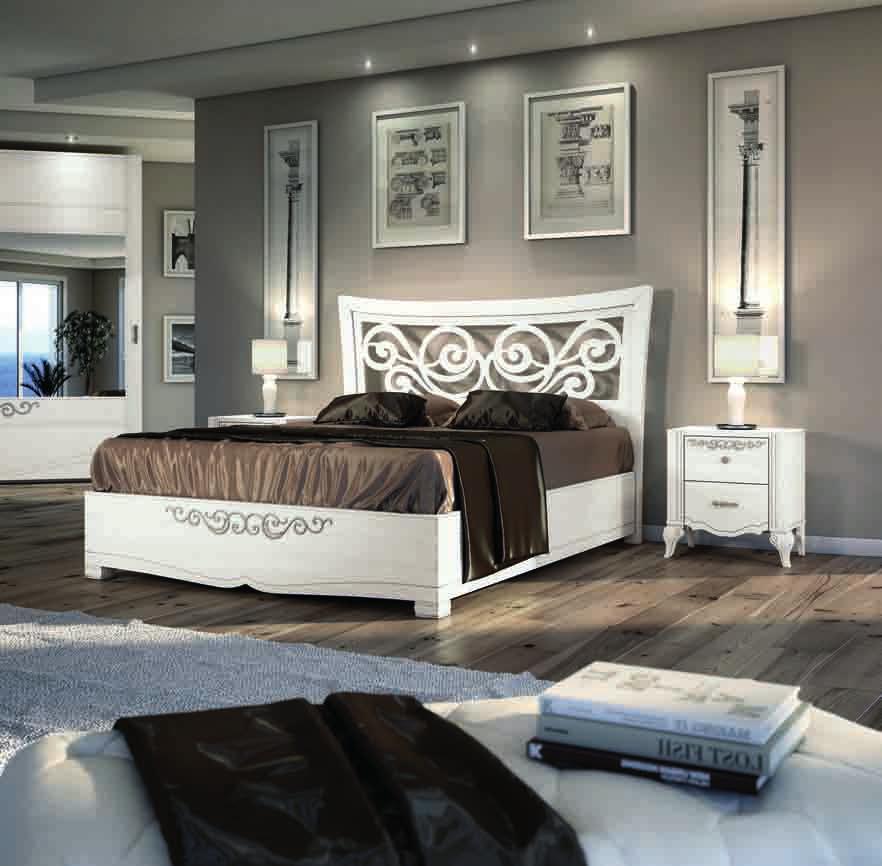 128 rete 160 x 195 articolo 4630/180 letto sagomato con griglia giroletto e contenitore finitura bianco patinato argento poro aperto particolari foglia argento shaped perforated bed headboard and