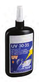 COLLE UV Colla UV 30-22 Caratteristiche: adesivo indurente in pochi secondi attraverso esposizione alla luce ultravioletta con viscosità elevata. Incollaggio vetro/vetro e vetro/metallo.