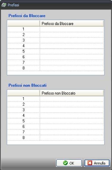 Nella parte inferiore della finestra vanno inseriti i prefissi che si intende escludere dal blocco.