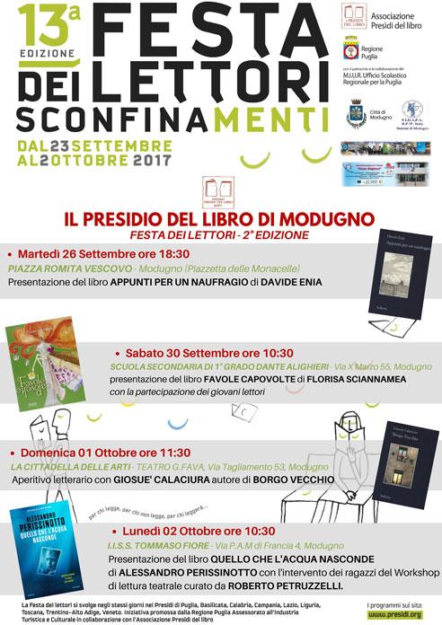 Per il secondo anno consecutivo la città di Modugno ospiterà dal 26 settembre al 2 ottobre la tanto attesa "Festa dei Lettori", organizzata dal Presidio del Libro di Modugno.
