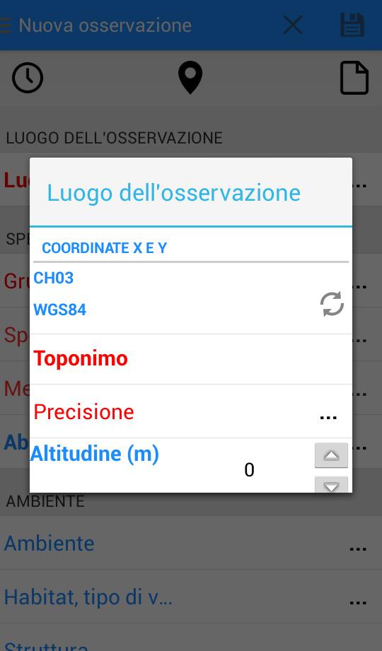 Geo-localizzazione Localizzazione dell osservazione I campi Toponimo, Coordinate e Precisione sono obbligatori.