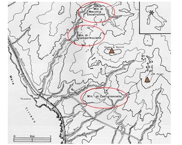 Figura 4: Cartina dove sono evidenziate le cave di Magnesite nella zona di Castiglioncello (da riferimento 3).