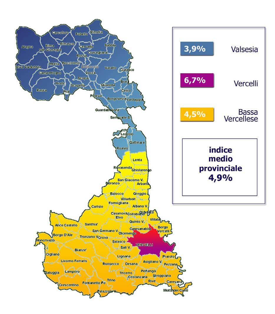 La figura che segue mostra la percentuale relativa alla presenza immigrata nelle 3 aree in cui può essere suddivisa la provincia: Valsesia, Vercelli e Bassa Vercellese.