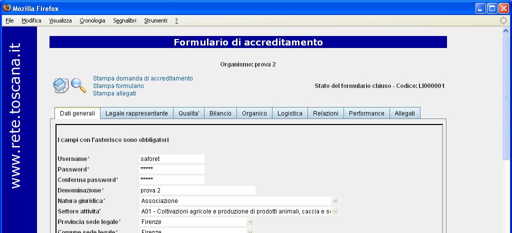 Figura 23 - Chiusura formulario A seguito della chiusura del formulario di accreditamento viene visualizzata la schermata che riporta un codice alfanumerico assegnato all organismo, come indicato al