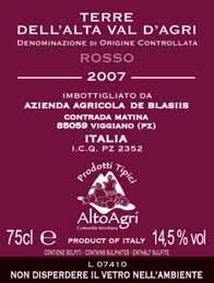 AZIENDAAGRICOLA DE BLASIIS MATINA Terre dell'alta Val D'Agri DOC TIPOLOGIA Rosso Merlot 50% Cabernet Sauvignon 50% 5.