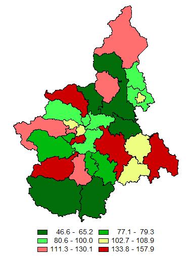 Figura 2b: Distribuzione degli SMR in Piemonte negli anni 2011-2013 per alcune cause di morte secondo il distretto di residenza DONNE DIABETE MELLITO CIRROSI EPATICA MALATTIE