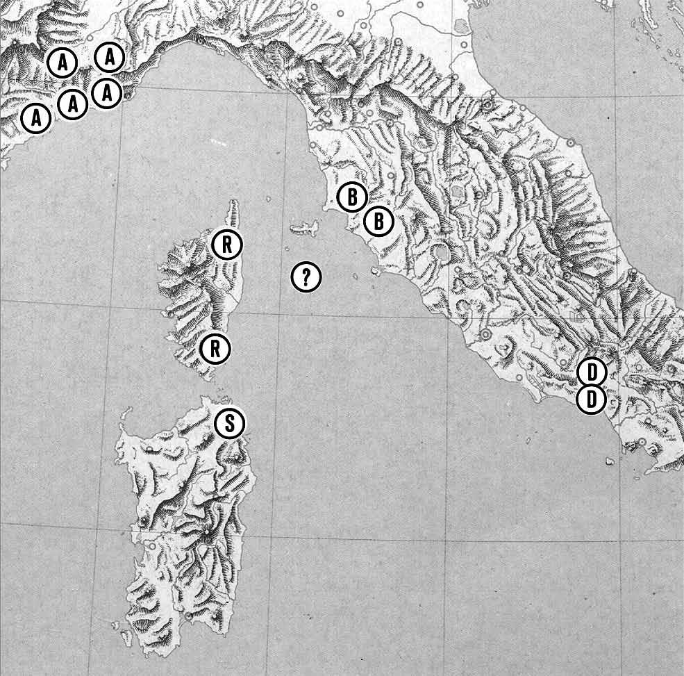 Fig. 34 Distribuzione delle specie circumtirreniche di Hypotyphlus di Italia e Corsica: H. aubei (Ehlers, 1883) (A); H. revelieri (Perris, 1866) (R); H. sardous (Jeannel, 1937) (S); H.