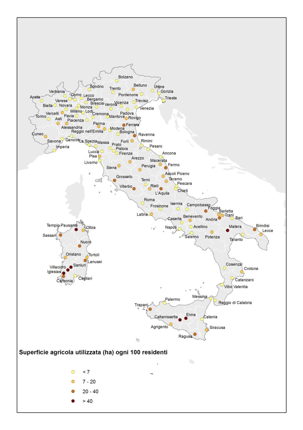 AGRICOLTURA URBANA E PERIURBANA: Disponibilità di superficie agricola utilizzata (in ettari) ogni 100 residenti (anno 2010) Più aziende agricole (e più piccole) al Sud e meno aziende, ma più grandi,