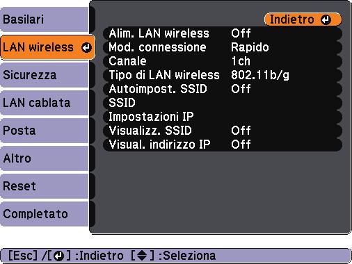 Al termine delle impostzioni, selezionre Setup completto o Completto quindi seguire le istruzioni su schermo per slvre le impostzioni e uscire di menu. f Selezionre LAN wireless.