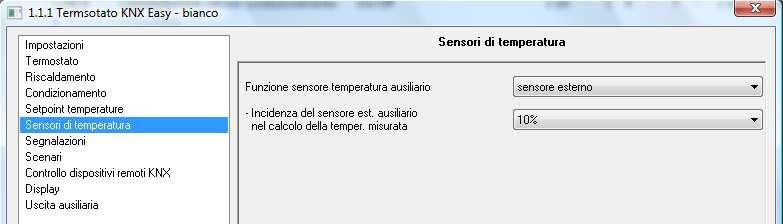 8 Menù Sensori di temperatura Nel menù Sensori di temperatura sono presenti i parametri che permettono di configurare il funzionamento della sonda interna del dispositivo e della potenziale sonda