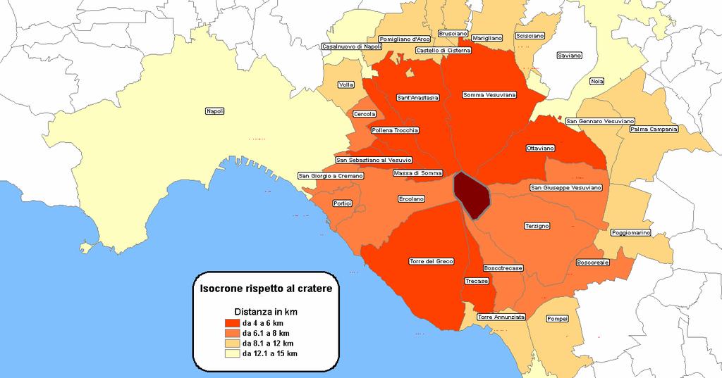 Zonizzazione di base e scale di distanza rispetto al cratere del Vesuvio Isocrone dei comuni rispetto al cratere del