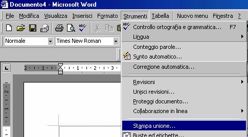 La Stampa Unione in Word 2000 Il primo passo per avviare la Stampa Unione consiste nel selezionare il menu STRUMENTI e successivamente il comando STAMPA UNIONE Il Word 2000 presenta a