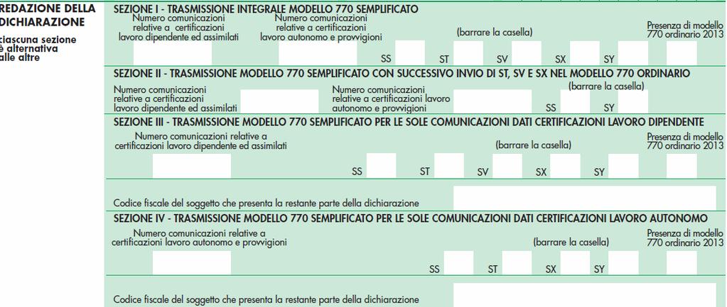 Redazione della dichiarazione, Modalità di trasmissione Quattro sezioni aventi