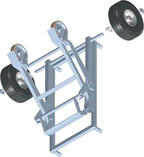 2- Posizionare gli spessori in nylon in maniera contrapposta nell albero portante del Carrello ed infilare le ruote in gomma semipiena imperforabile del diametro di 260 mm.