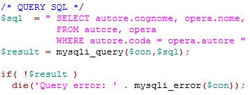 Esecuzione immediata Chiamata alla funzione mysqli_query() Richiede come parametro l id della connessione e la query da eseguire, in formato stringa In caso di successo restituisce il risultato della