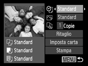 Stampa delle immagini Impostazioni di stampa 100 Collegare la fotocamera alla stampante. Seguire la procedura indicata nei passi 1 5 a pag. 98 per visualizzare lo schermo a sinistra.