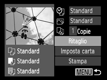 Ritaglio e stampa (Ritaglio) È possibile tagliare una porzione di un'immagine per la stampa. Stampa delle immagini Scegliere [Ritaglio]. Seguire la procedura indicata nei passi 1 2 a pag.