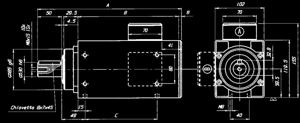 NB: Posizione morsettiera standard come da posizione A con forature lato stretto. Su richiesta in posizione B con forature lato largo.