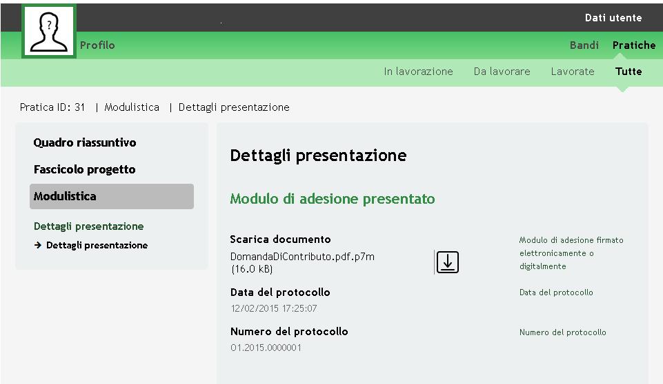 Modulistica: in cui è possibile visualizzare i dettagli della pratica.