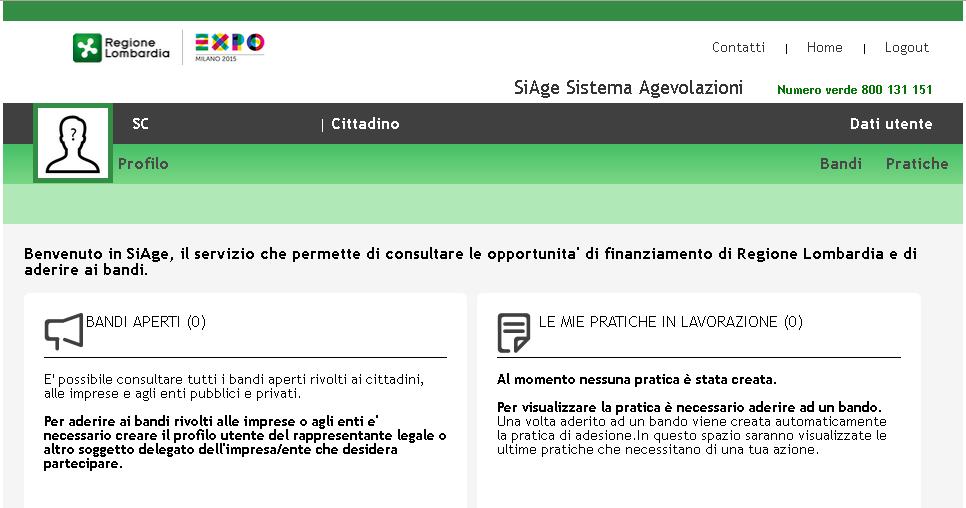 Figura 3 Home page SiAge Profilo Cittadino Nella home page è possibile: Visualizzare i bandi disponibili per il profilo attivato; Cambiare il