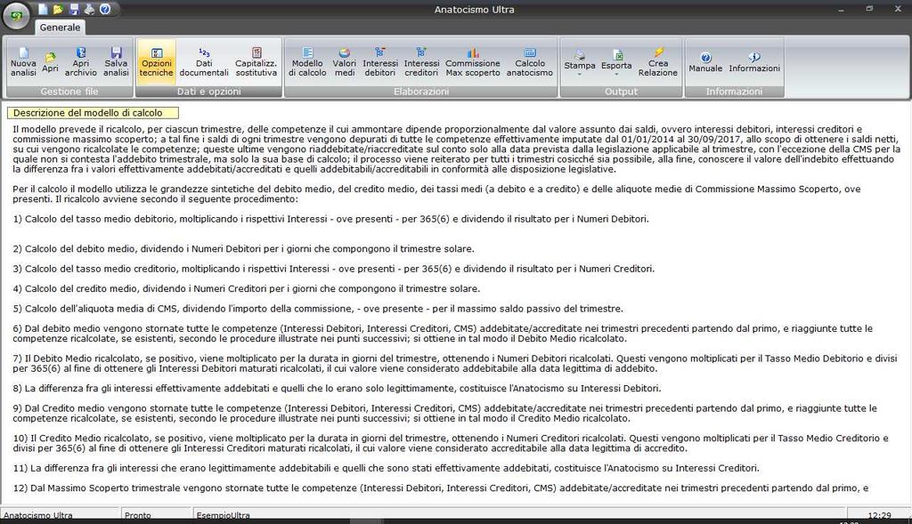 7. DESCRIZIONE DEL MODELLO DI CALCOLO La schermata propone in formato testuale le specifiche di calcolo utilizzate dal modello; il testo è selezionabile e copiabile, al fine ad esempio di inserirlo