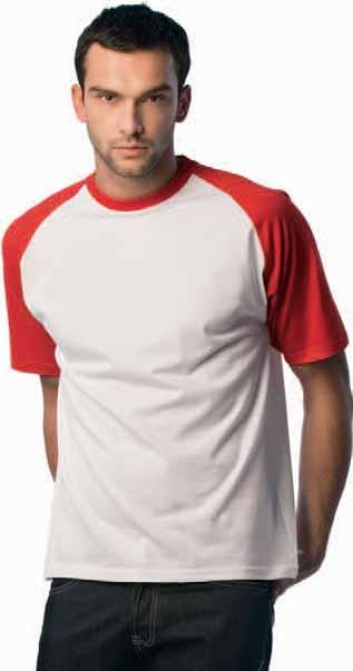 00 BCTU020 B&C Baseball T-shirt maniche corte100% cotone preristretto ritorto ad anelli, taglio raglan, colore in contrasto su collo e maniche.